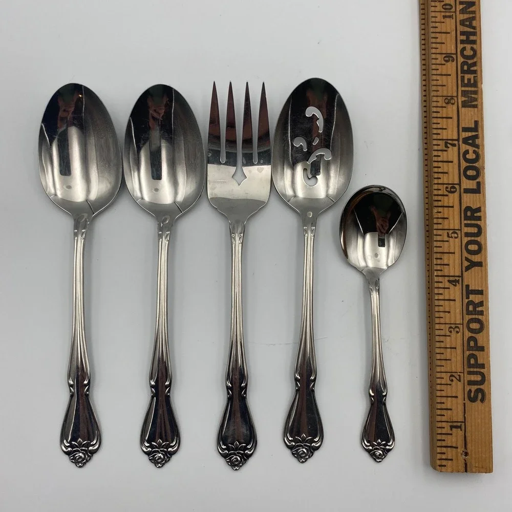 Oneida 1881‎ Rogers Arbor Rose True Rose Stainless Serving Set 5pc Hostess Fork